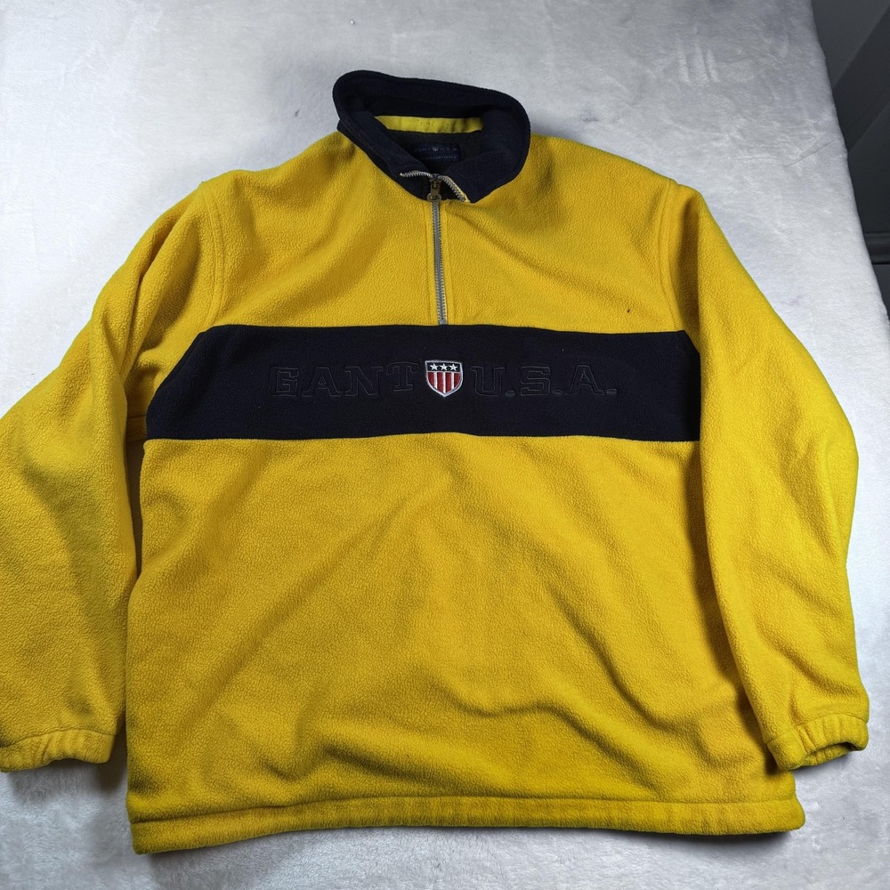 Vintage Gant USA Sweater Mens XL Yellow Navy Rugger Fleece‎ 1/4 Zip Pullover 90s